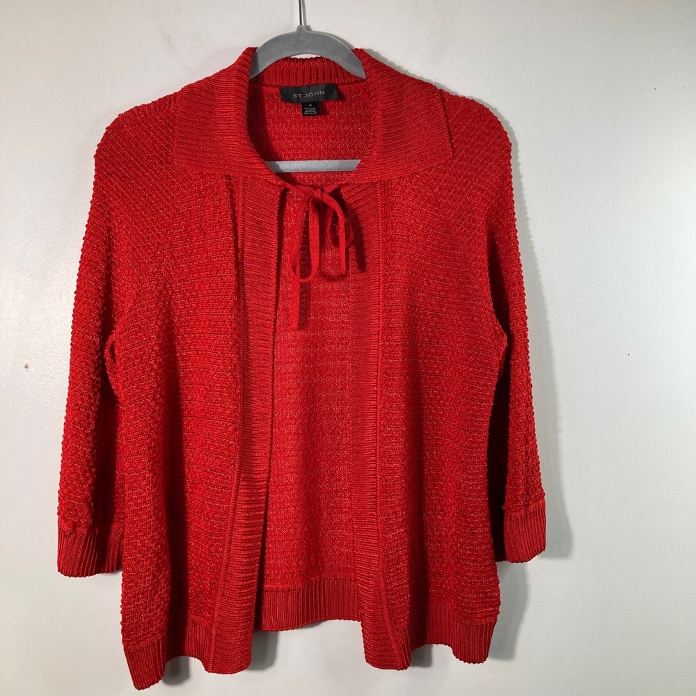 ST JOHN Red Textured Knit Tie Neck Collar Sweater Womens M flaw